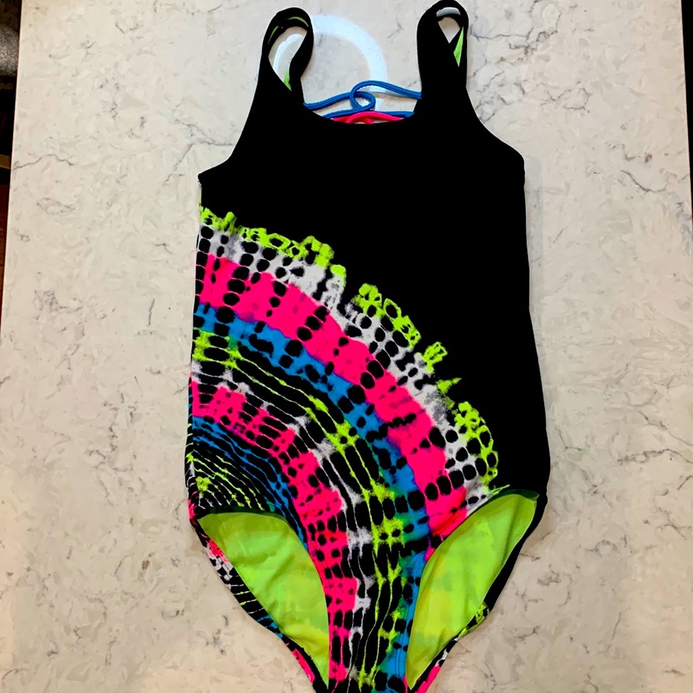 Black and neon justice one piece swimsuit